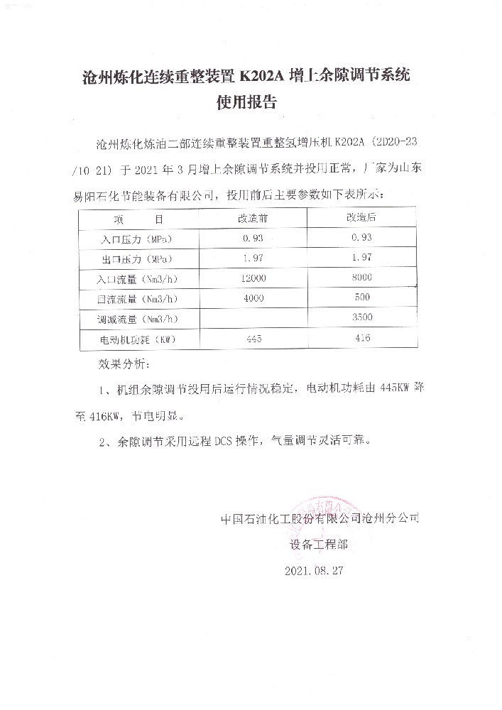 中国石化沧州分公司连续重整装置重整氢增压机K202A增上余隙调节系统使用报告
