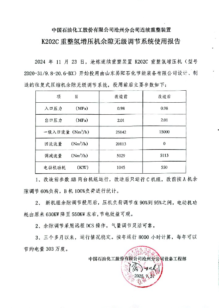 中国石化沧州分公司连续重整装置重整氢增压机K202C余隙无级调节系统使用报告